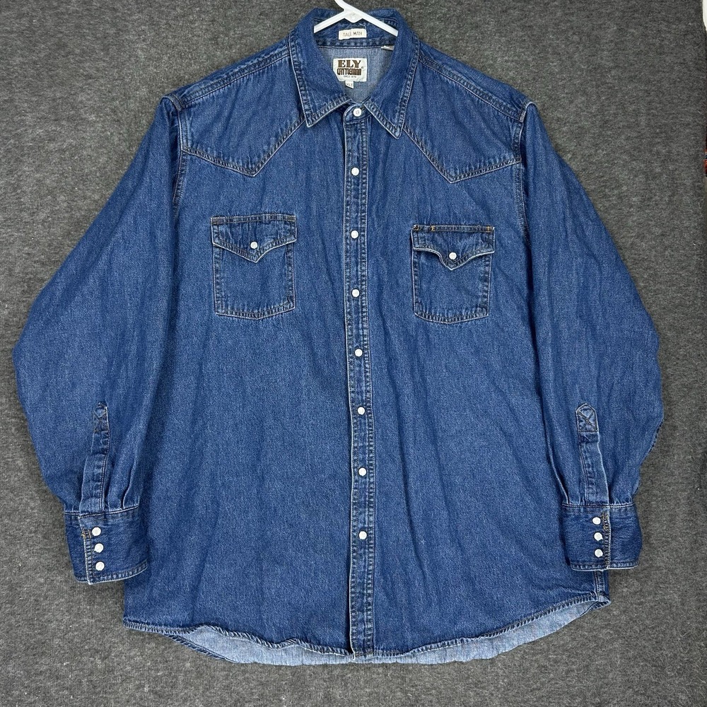 Vintage Ely Cattleman Denim Pearl Snap Shirt Mens XLT Blue Western Cowboy Rodeo